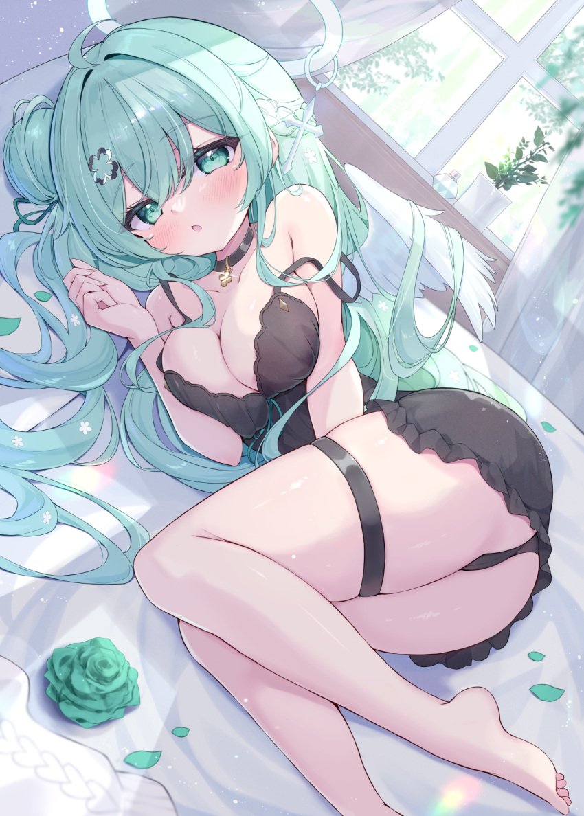 ahoge angel angel_wings bare_shoulders barefoot black_choker black_dress black_panties breasts choker cleavage clover_hair_ornament comiket_105 dress female flower foot_out_of_frame green_flower green_hair hair_bun hair_ornament hair_spread_out halo halo_ornament highres large_breasts long_hair lying mikaze_oto mini_wings on_side original panties single_side_bun skindentation solo strap_slip thigh_strap thighs underwear wings