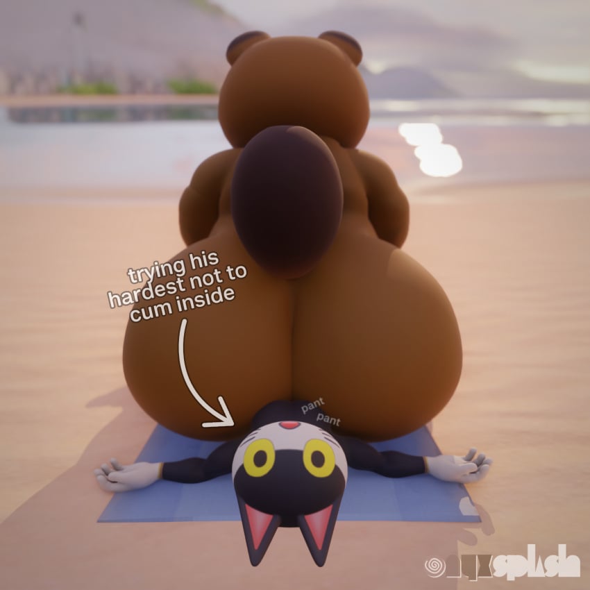 3d accidental_sex animal_crossing anthro ass beach big_butt black_body blender_(artwork) blender_cycles brown_body canid canine digital_media_(artwork) directional_arrow domestic_cat duo felid feline felis forced forced_partners hi_res huge_butt male male/male mammal nintendo oblivious oblivious_sex onyxsplash overweight overweight_male punchy_(animal_crossing) raccoon_dog resisting_orgasm sex sitting_on_another sitting_on_beach_towel size_difference sunny tanuki text tom_nook_(animal_crossing) trapped_under_butt yellow_eyes