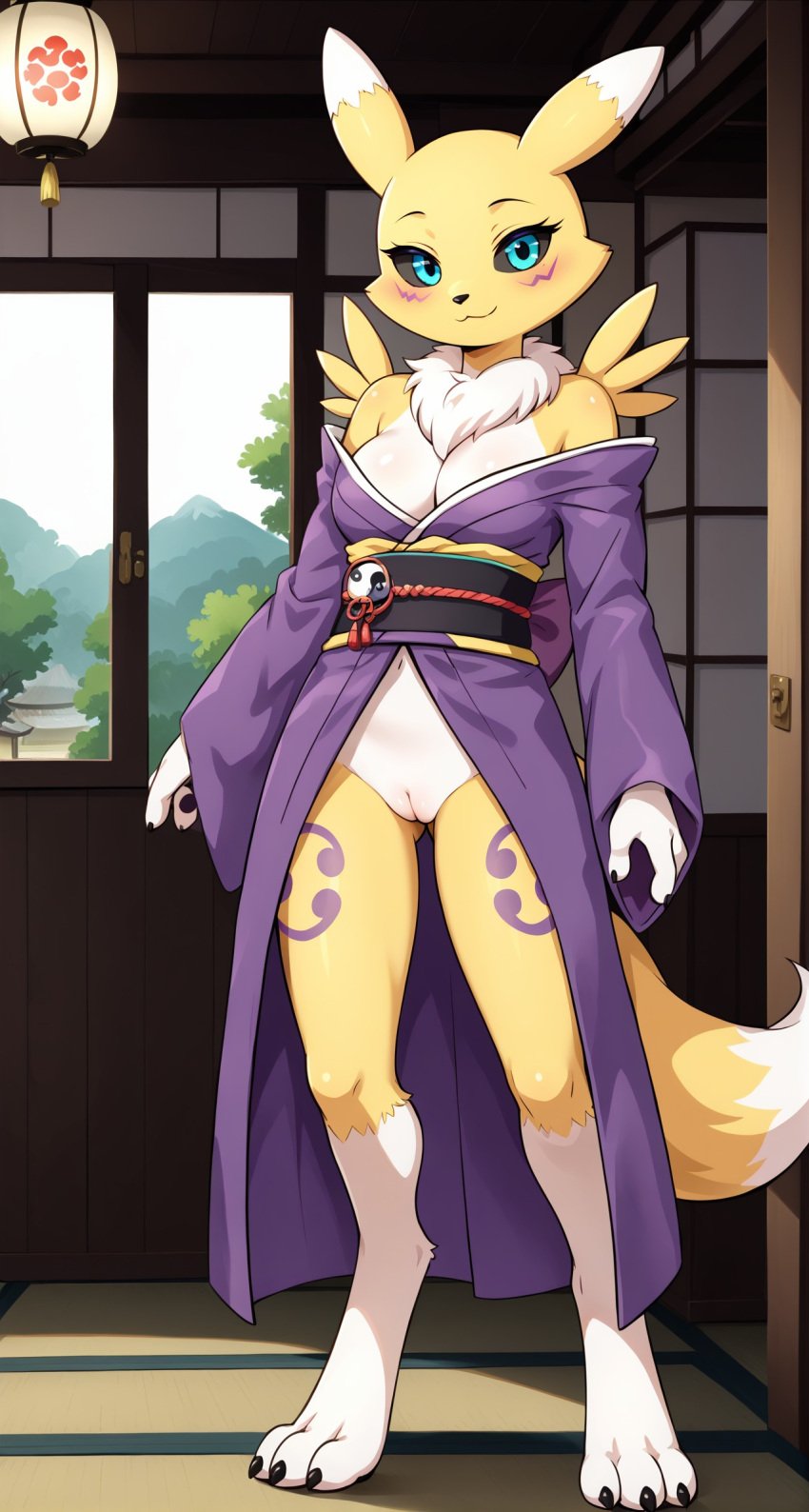 1girls 2024 ai_generated anthro bare_shoulders black_sclera blue_eyes blushing bottomless bottomless_female cleavage digimon digimon_(species) digitigrade female female_only hi_res indoors innie_pussy japanese_clothes kimono looking_at_viewer pussy renamon smile white_fur yellow_fur