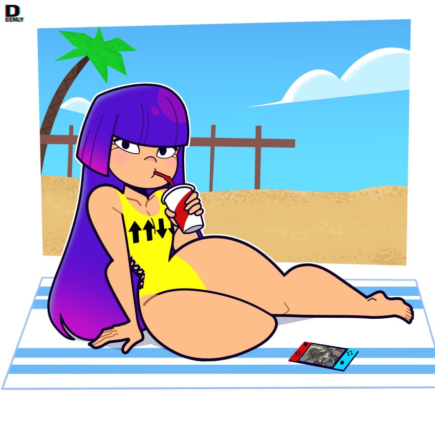 1girls 2024 abstract_background asian_female bathing_suit beach beach_towel blue_hair drinking female female_only glitch_techs hime_cut looking_at_viewer miko_kubota netflix nickelodeon nintendo_switch pinup purple_hair soda_cup solo tagme thick_thighs two_tone_hair very_long_hair wide_hips