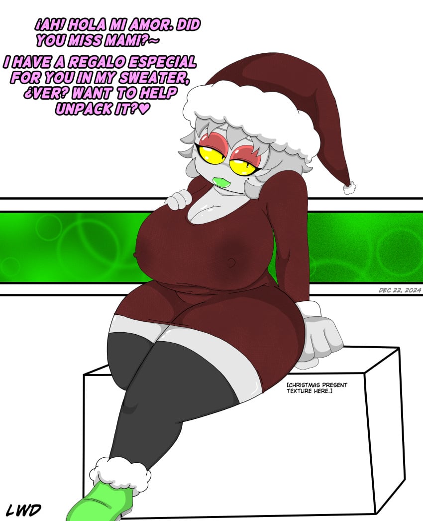 alien anthro anthro_only areolae_visible_through_clothing aroused big_ass big_breasts big_breasts big_butt boots bottom_heavy bottom_heavy_female christmas christmas_clothing christmas_outfit cleavage clothed clothing dialogue eye_shadow female female_only footwear fully_clothed fully_clothed_female green_lipstick hand_on_breast hand_on_own_breast huge_breasts jewlz lipstick lwd_cartoonz makeup monochrome nipple_bulge nipples_visible_through_clothing red_eyeshadow santa_hat sketch spanglish spiky_hair stockings sweater sweater_dress talking talking_to_viewer teasing thick thick_bottom_lip thick_hips thick_legs thick_lips thick_thighs tight_clothing top_heavy turtleneck turtleneck_sweater wide_hips yellow_eyes