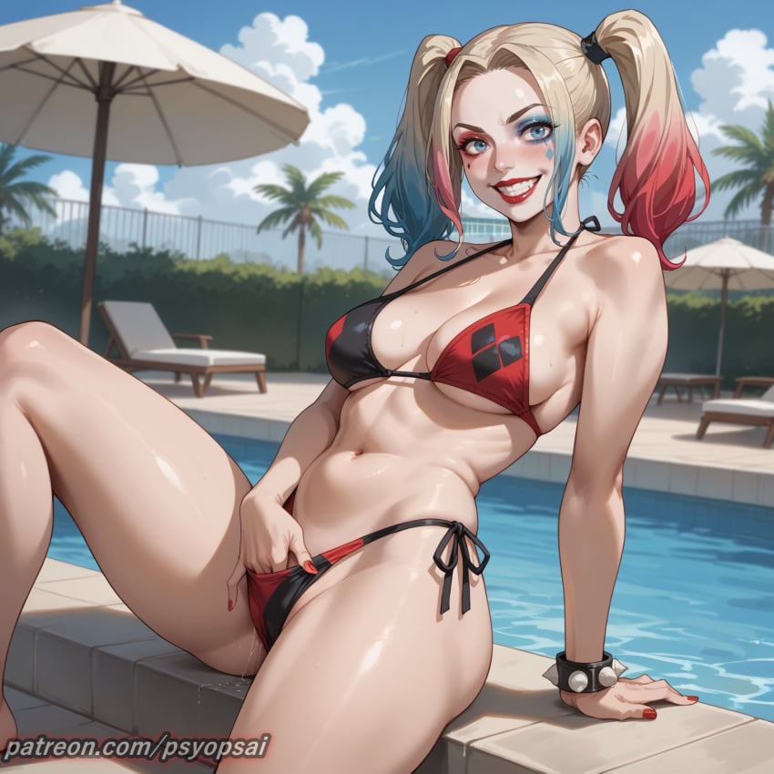 1girls ai_generated artist_name blonde_hair bra breasts close-up colored dc dc_comics digital_media_(artwork) female female_focus female_only front_view hand_in_panties harley_quinn legs legs_apart looking_at_viewer masturbation panties psyopsai pussy short_hair smiling solo solo_focus spread_legs spreading swimsuit thighs twintails uncensored underwear vagina watermark