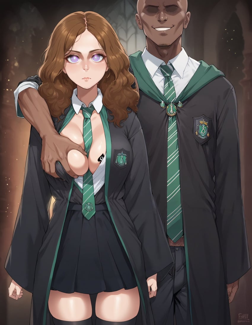 1boy 1girls ai_generated big_breasts blacked brown_hair color dark-skinned_male dark_skin fdpdablizzard998 female grabbing_breasts hand_on_breast harry_potter hermione_granger hi_res interracial large_breasts light-skinned_female light_skin long_hair looking_at_viewer male male/female mind_control netorare ntr purple_eyes queen_of_spades tagme thick_thighs warner_brothers