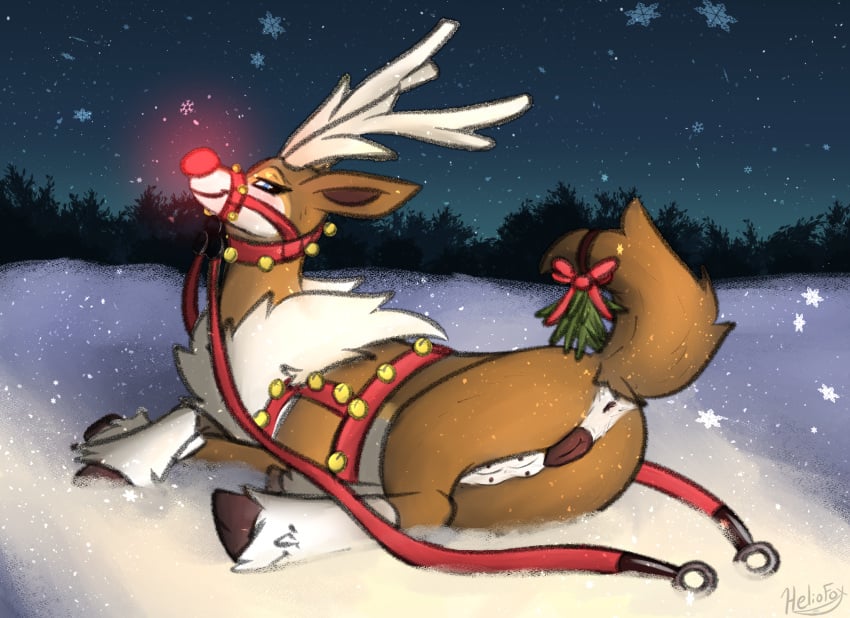 animal_genitalia animal_pussy antlers bell bell_collar blush brown_body brown_fur canine_genitalia canine_pussy christmas collar deer digital_media_(artwork) female feral fur generation_5_pokemon genitals heliofox hi_res holidays horn inviting jingle_bell leash looking_at_viewer mammal mistletoe mistletoe_on_tail new_world_deer nintendo nipples plant pokemon pokemon_(species) presenting pussy quadruped reindeer reins sawsbuck seductive smile snow solo tail teasing teats winter_sawsbuck