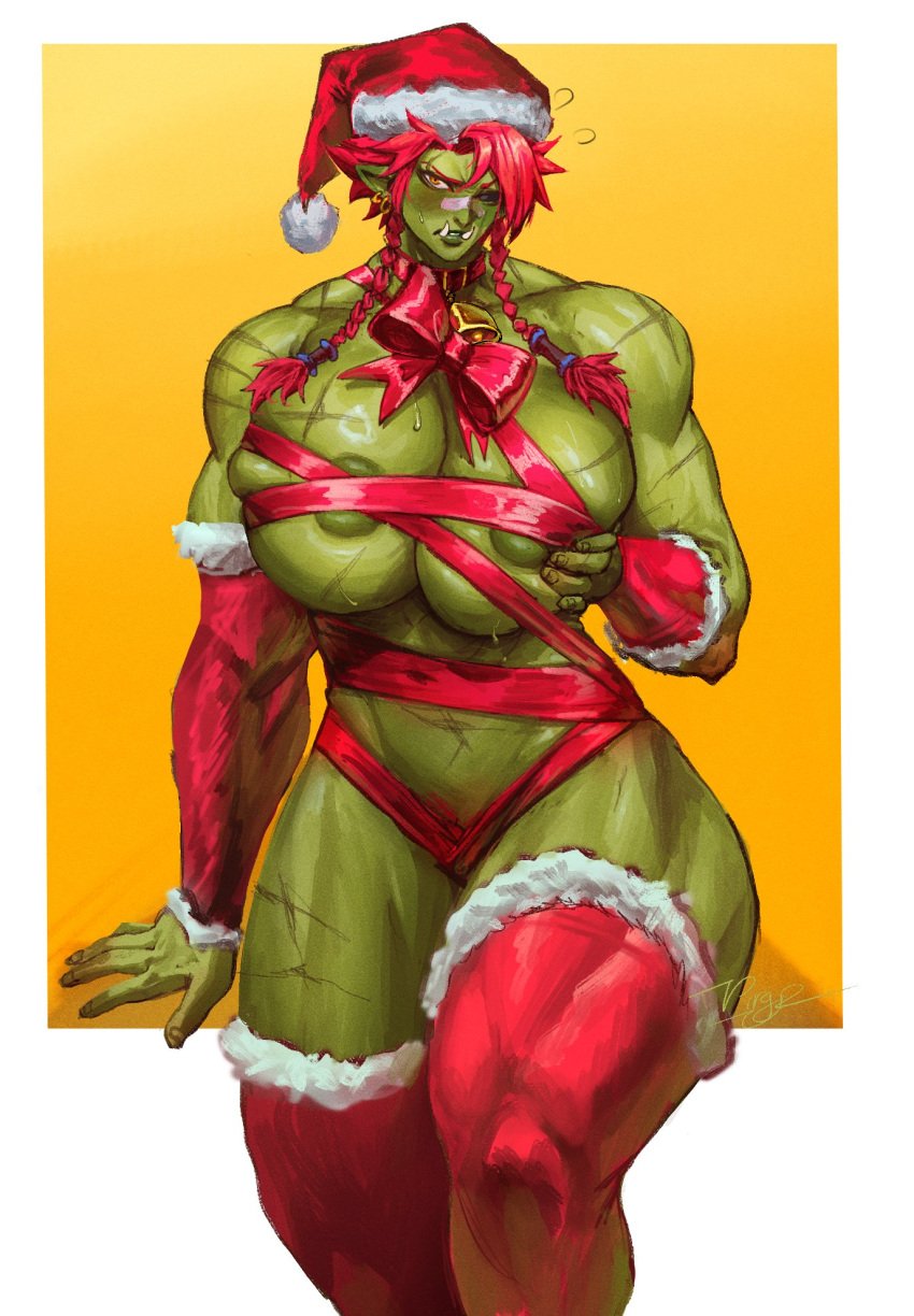 athletic_female blush cassandra_(virgoart1509) christmas christmas_ribbon collar female huge_breasts muscular muscular_female muscular_thighs orc orc_female solo solo_female thick_thighs tusks virgoart1509