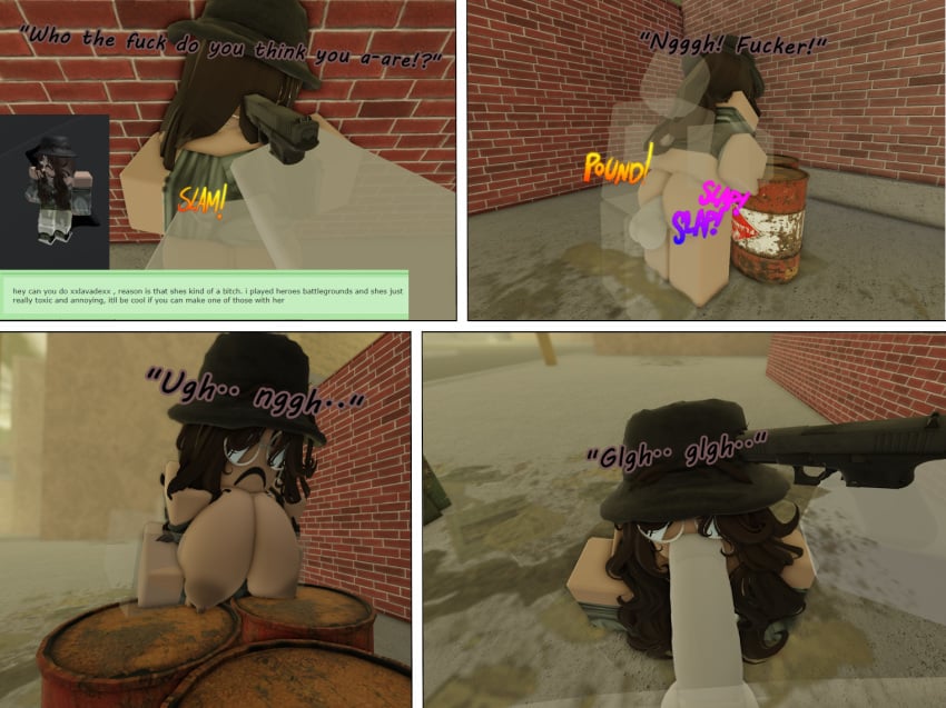 1girls 3d against_surface anal dark-skinned_female forced forced_oral gun gunpoint ilovecrim432 onomatopoeia oral rape reference_image roblox robloxian rule_34_comment tagme text threatening_with_weapon