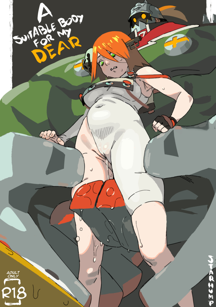 1boy a.b.a armpits bare_shoulders black_gloves blush covered_navel dripping english_text female fingerless_gloves fingernails gloves green_eyes guilty_gear hair_between_eyes helmet highres key medium_hair muscular muscular_male no_pupils orange_eyes orange_hair parted_lips potemkin potemkin_(guilty_gear) pussy_juice pussy_juice_trail signature single_glove size_difference starhump sweat