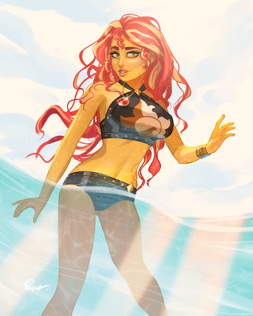 1girls bikini bracelet breasts commission equestria_girls female female_only friendship_is_magic hasbro hi_res highres joe_pekar looking_at_viewer my_little_pony navel ocean solo solo_female sunset_shimmer swimsuit water