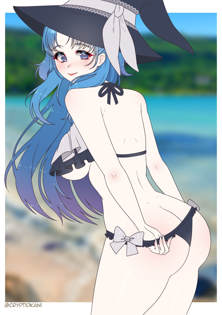 1girls ass ass_cleavage back back_view bare_thighs big_ass bikini black_bikini black_swimsuit blue_eyes blue_hair breasts butt_crack chtholly_nota_seniorious cryptid_crab female female_only long_hair looking_at_viewer looking_back medium_breasts multicolored_hair outdoors shuumatsu_nani_shitemasu_ka? smile solo swimsuit thighs underboob witch_hat