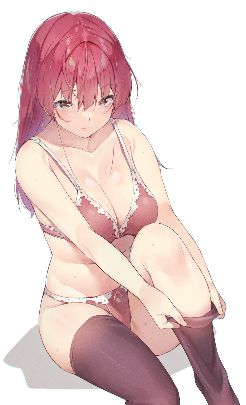 absurdres bangs bare_arms bare_shoulders blush bra breasts brown_thighhighs cleavage closed_mouth commentary_request female hair_between_eyes heterochromia highres hololive hololive_fantasy hololive_japan houshou_marine knee_up koubou_(cowbow_kun) large_breasts long_hair looking_at_viewer panties putting_on_legwear red_bra red_eyes red_hair red_panties sitting solo stomach strap_gap sweat thighhighs underwear underwear_only virtual_youtuber yellow_eyes