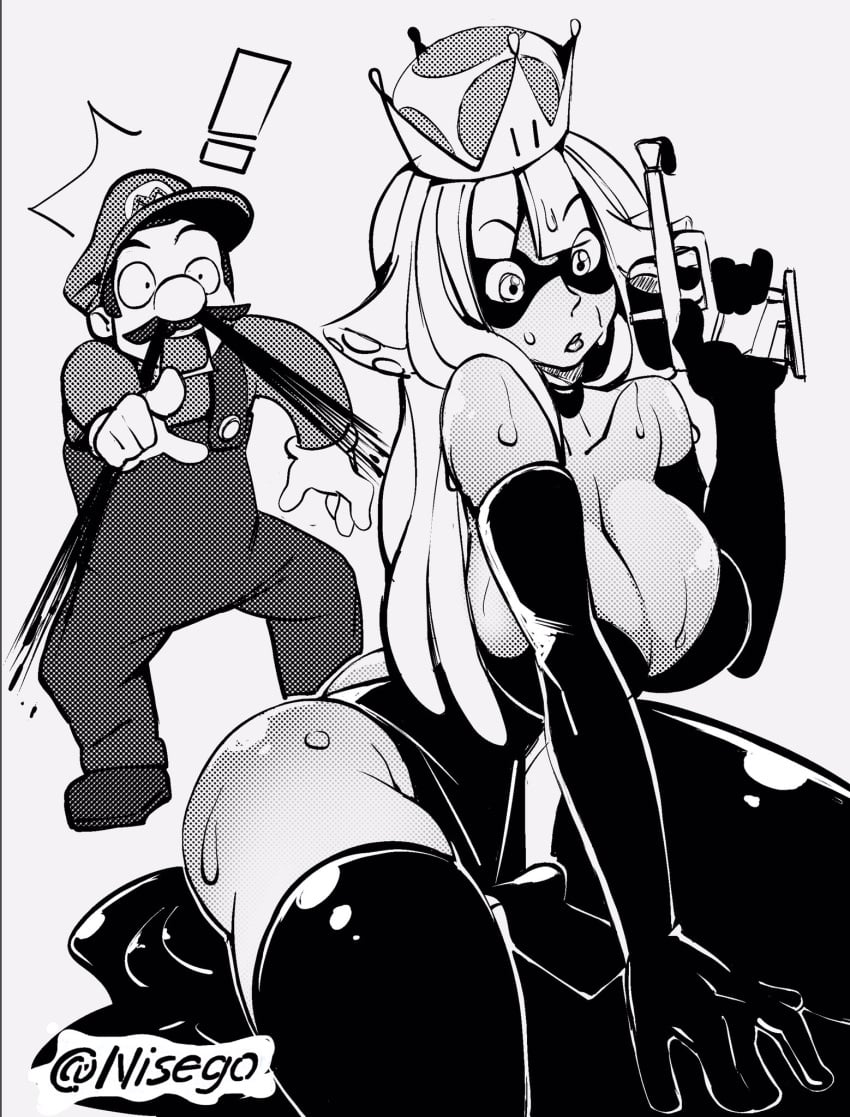 ! 1boy 1girls 2018 artist_name ass big_breasts black_and_white blooper bloopette cleavage crown curvy elbow_gloves hourglass_figure humanized mario mario_(series) new_super_mario_bros._u_deluxe nintendo nisego nosebleed pistol squid_girl super_crown super_mario_bros. thick_thighs thighhighs wet white_background wide_hips