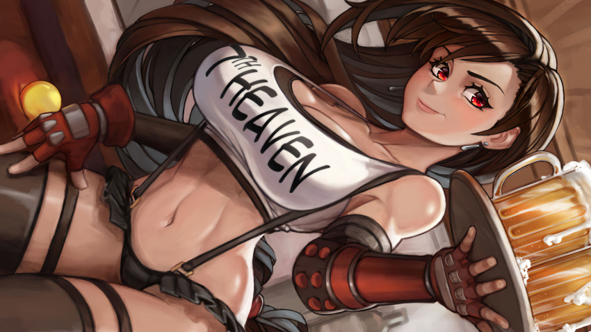 1girls bartender beer beer_mug big_breasts cleavage drink drinks female female_only final_fantasy final_fantasy_vii food imminent_eating light-skinned_female midriff mikeymegamega navel offering_food red_eyes square_enix tifa_lockhart