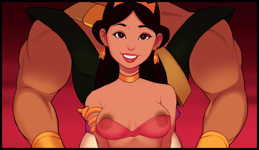 1boy 1boy1girl aladdin animated areola_slip asphyxiation belly_dancer belly_dancer_outfit bra choker disney disney_princess female gaiidraws harem_outfit middle_eastern nipples nipples_visible_through_clothing partial_male princess_jasmine razoul see-through_bra snot tears