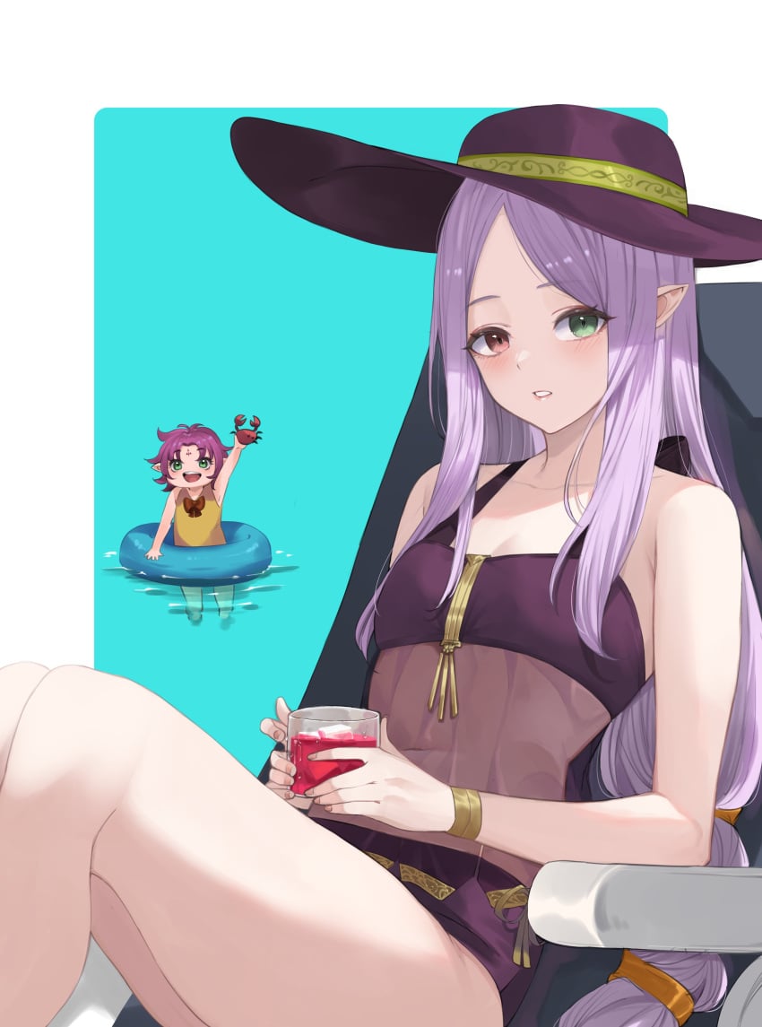 2girls absurdres alternate_costume bare_shoulders blue_background collarbone covered_navel crab cup facial_mark fae_(fire_emblem) female female_only fire_emblem fire_emblem:_the_binding_blade fire_emblem_heroes forehead_mark green_eyes hat heterochromia highres holding holding_cup idunn_(fire_emblem) innertube light_persona long_hair looking_at_viewer multiple_girls nintendo open_mouth pointy_ears purple_eyes purple_swimsuit ritence see-through simple_background sitting solo_focus sun_hat swimsuit thighs