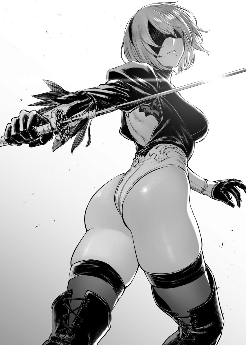 1girls android ass ass_focus back_view beauty_mark big_ass big_butt black_and_white black_gloves blindfold boots breasts curvy fat_ass female female_focus female_only from_behind gloves greyscale hi_res high_resolution highres holding_object holding_sword holding_weapon katana large_ass leotard light-skinned_female light_skin mole mole_under_mouth monochrome mugetsu2501 nier nier:_automata nier_(series) short_hair sideboob solo solo_female solo_focus sword tagme thick_ass thick_thighs thighhighs thighs voluptuous yorha_2b