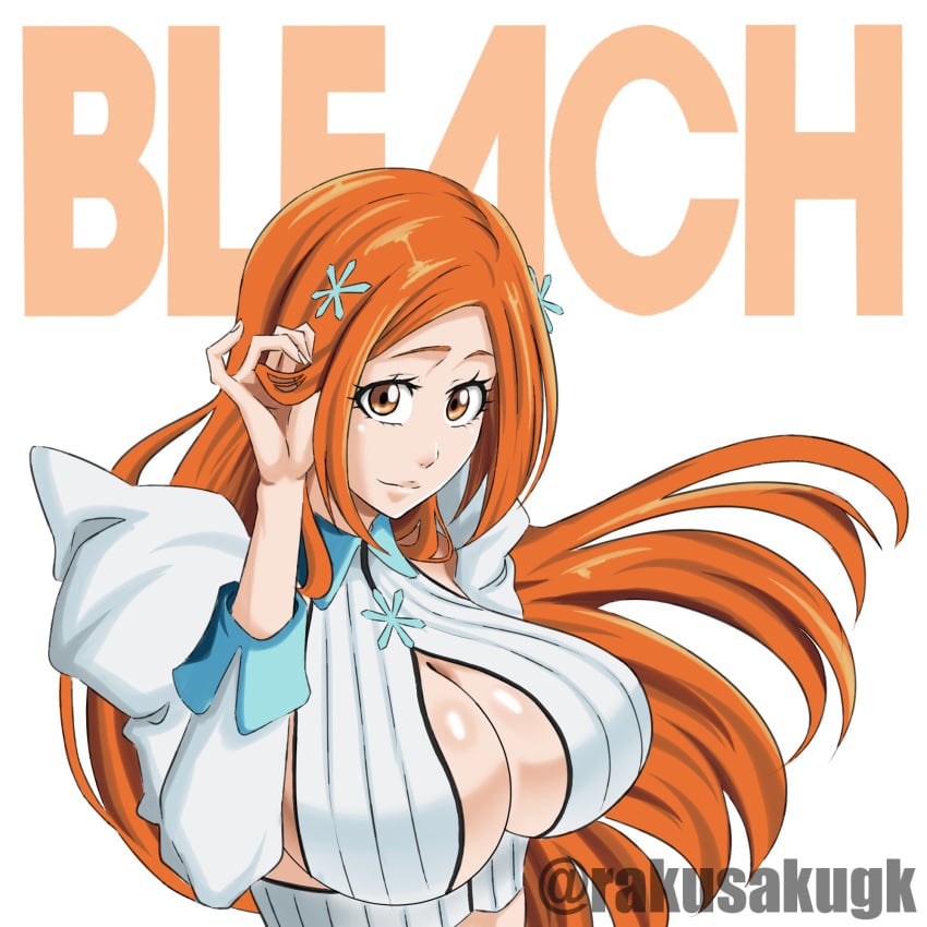 1girls adjusting_hair bleach bleach:_the_thousand-year_blood_war boob_window breast_cutout breasts brown_eyes center_opening cleavage copyright_name dress eyelashes female female_only flower_hair_ornament fully_clothed hair_ornament hairclip hand_on_hair highres impossible_clothes inoue_orihime large_breasts long_hair long_sleeves looking_at_viewer no_bra orange_hair rakusakugk revealing_clothes shoulder_pads sleeves_rolled_up smile solo solo_focus top_heavy url very_long_hair voluptuous watermark web_address white_background