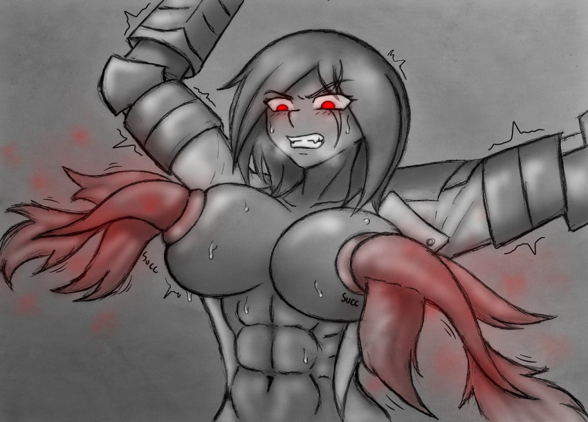 abs curvy energy_drain fearless_(oc) female huntress leeches marrichmh(artist) milking monster monster_hunter monster_hunter_rise pencil_(artwork) qurio struggling sucking_nipples sweat tomboy