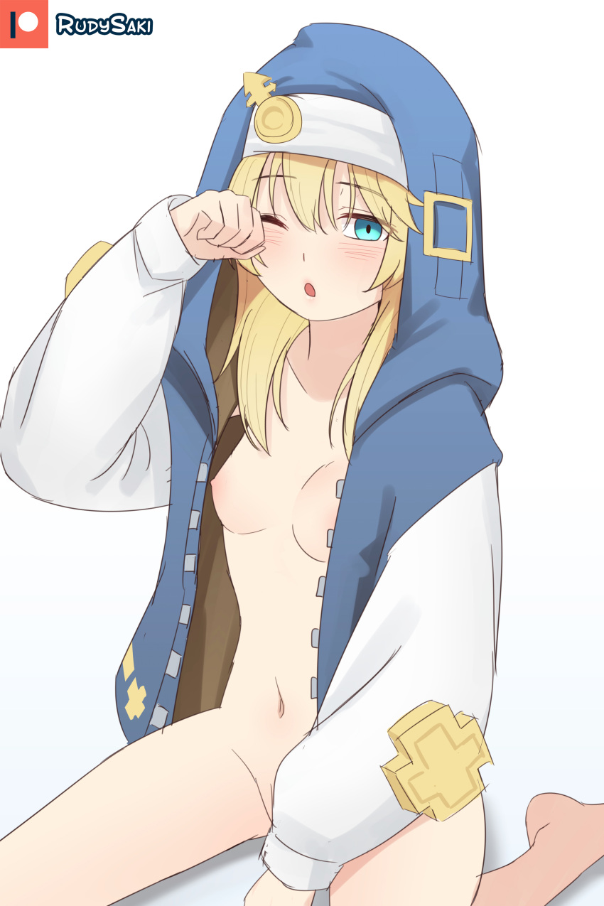 1girls blonde_hair blue_eyes blush bottomless breasts bridget bridget_(guilty_gear) female functionally_nude functionally_nude_female genderswap genderswap_(mtf) guilty_gear guilty_gear_strive looking_at_viewer mostly_nude no_bra no_panties one_eye_closed open_clothes open_mouth pussy rudy_saki rule_63 sitting solo solo_female