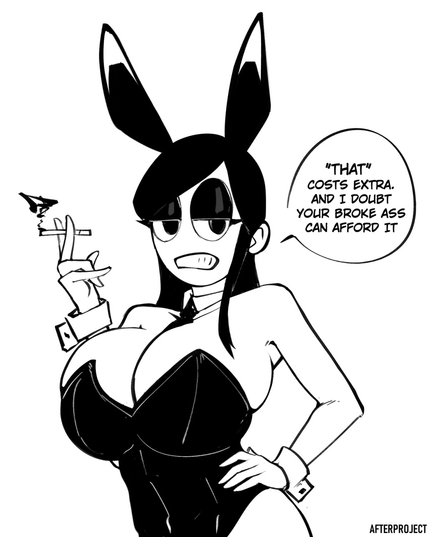 2022 afterproject asking_for_sex big_breasts black_hair bunny_ears bunnysuit cigarette fanart goth goth_girl hand_on_hip imminent_sex looking_at_viewer monochrome rabbit_ears rude smoke speech_bubble talking_to_viewer text thick unamused veronica_(saltynoodles) white_skin