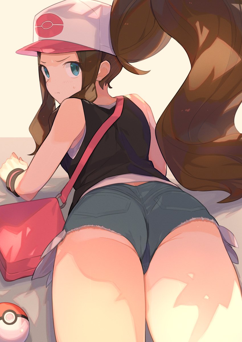 1girls ass bag black_topwear blue_bottomwear blue_eyes blue_shorts blush brown_hair closed_mouth clothing creatures_(company) denim denim_shorts female female_only from_behind game_freak handbag hat headwear heroine hi_res high_resolution highres hilda_(pokemon) human laying_on_stomach light-skinned_female logo_on_headwear long_hair looking_at_viewer looking_back lying nintendo on_stomach pale_skin poke_ball poke_ball_(basic) pokeball pokemon pokemon_(anime) pokemon_(game) pokemon_bw pokemon_masters_ex pokemon_trainer ponytail rear_view short_shorts shorts sidelocks sleeveless snapback solo solo_female spring2013 sweatdrop thighs two_tone_headwear video_game