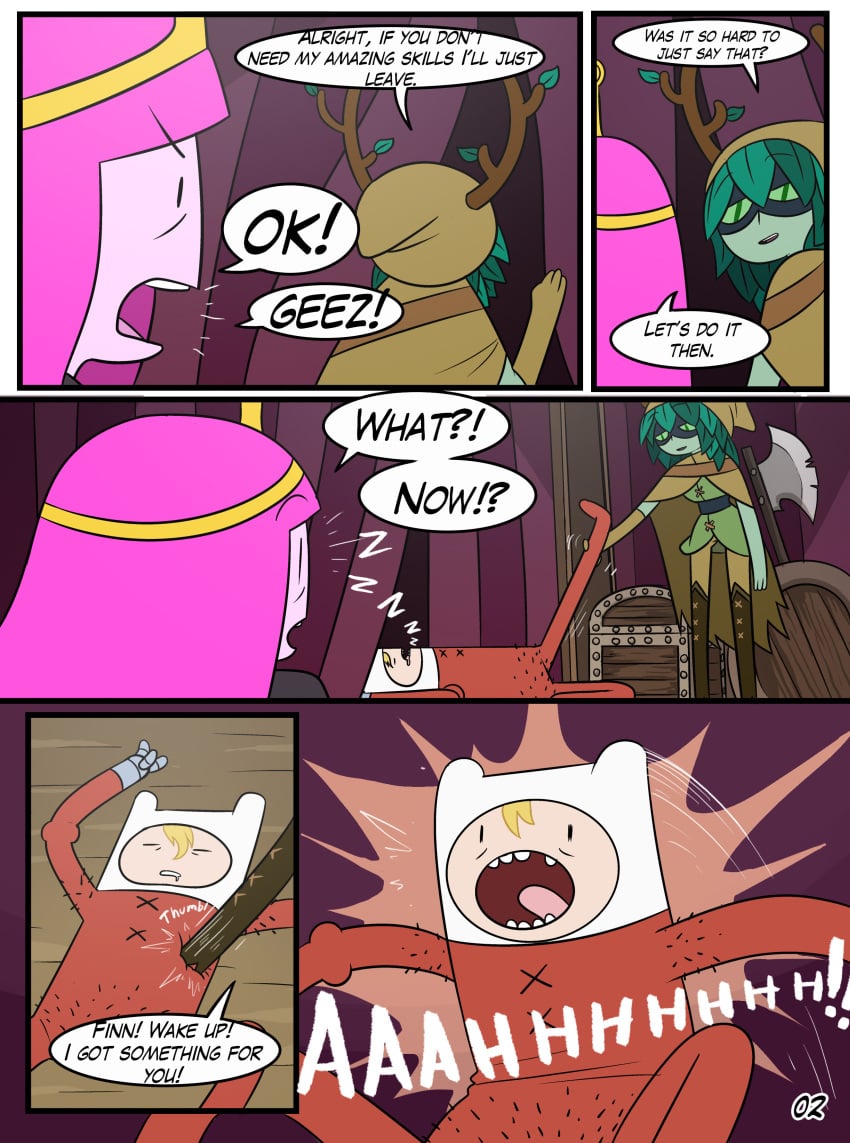 1boy 2girls adventure_time aunt_maire comic coolerinker english_text ffm_threesome finn_the_human green_hair huntress_wizard inker_comics inkershike page_2 page_number pink_hair princess_bubblegum threesome