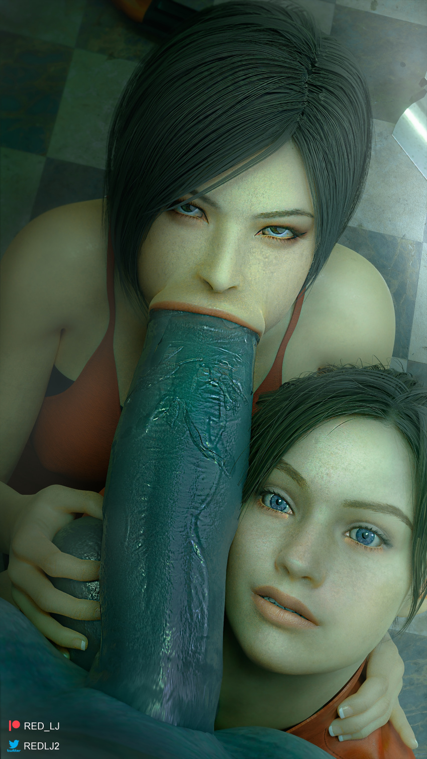 1monster 2girls 3d :&gt;= ada_wong ada_wong_(adriana) black_hair blender_(software) blowjob capcom claire_redfield female high_resolution huge_cock large_penis male monster mr_x oral penis red_lj resident_evil resident_evil_2 resident_evil_2_remake tyrant unseen_male_face
