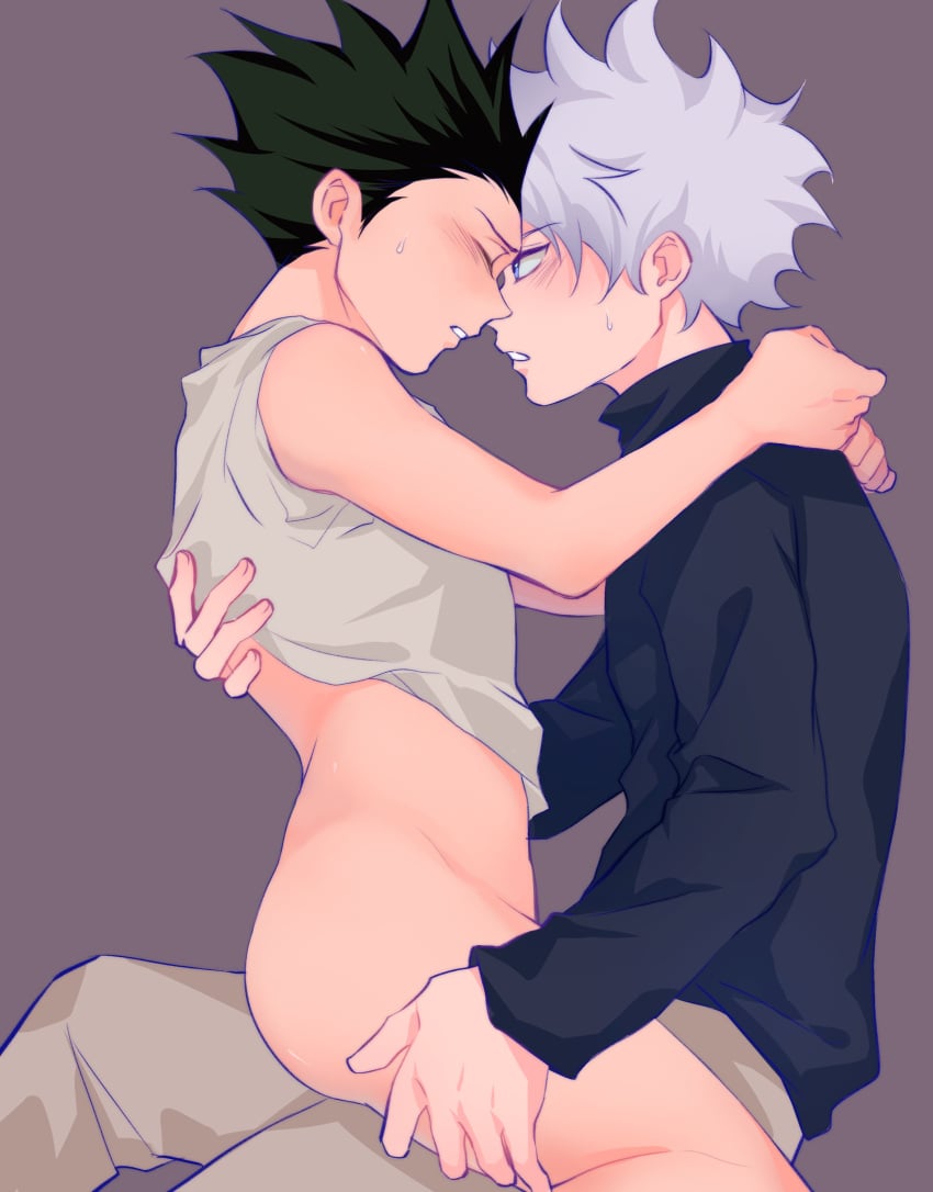 2boys best_friends blue_eyes closed_eyes cute_face dark_green_hair friends gay gon_freecss green_hair hunter_x_hunter killua_zoldyck male male_only multiple_boys no_panties pretty_boy romantic silver_hair sitting_on_lap sitting_on_person sweat sweatdrop sweating teen teenage_boy teenage_couple teenager teenager_on_teenager teenagers yaoi