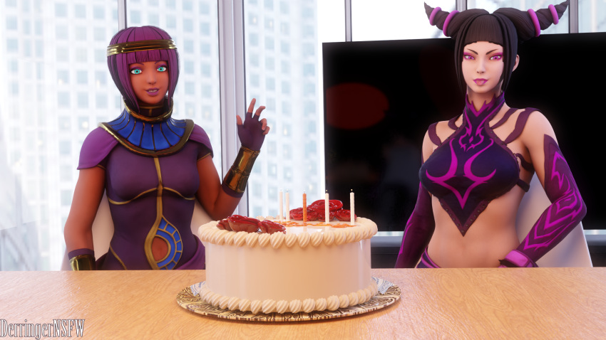 2girls 3d big_breasts black_hair blender capcom dark-skinned_female derringersfm egyptian egyptian_clothes egyptian_female egyptian_headdress female female_only juri_han light-skinned_female looking_at_viewer menat pink_eyes purple_eyeshadow purple_hair smiling_at_viewer street_fighter street_fighter_v super_street_fighter_iv tagme teal_eyes