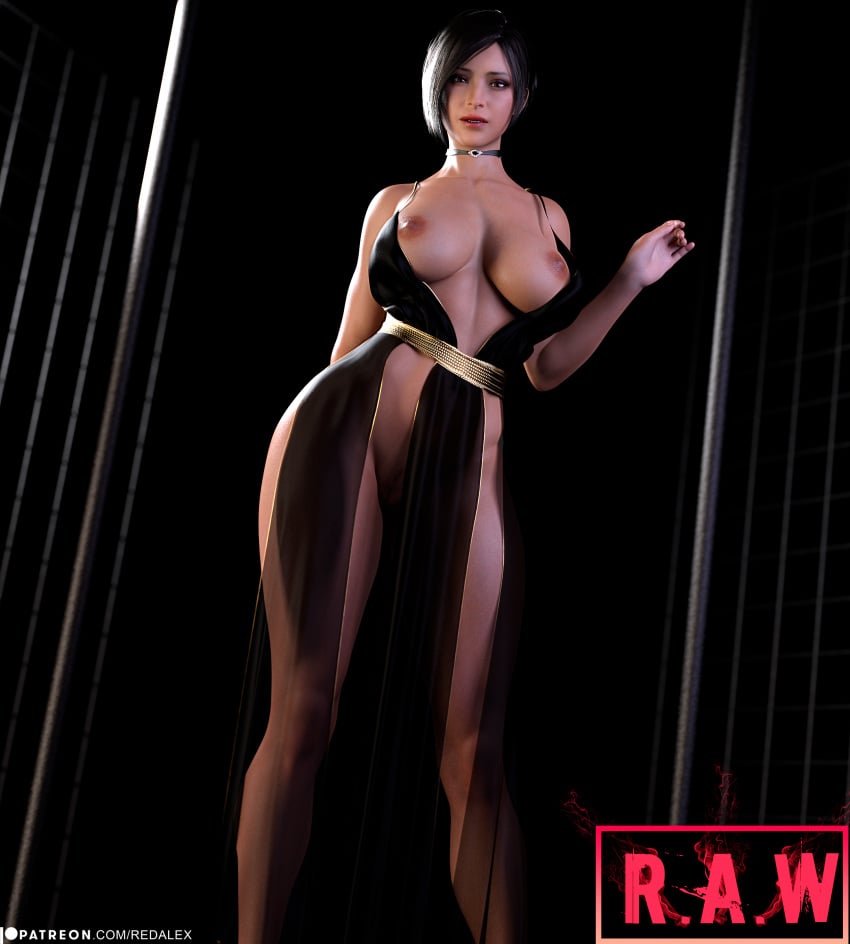 3d 3d_(artwork) ada_wong ada_wong_(adriana) big_breasts big_butt black_choker capcom dress dress_open dress_top_aside hourglass_figure nipples no_panties redalex_werda resident_evil resident_evil_2 resident_evil_2_remake transparent_dress