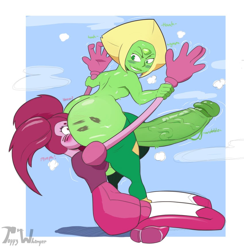 1futa back balls big_ass clothed clothing dickgirl duo erection fully_clothed futa_on_female futadom futanari green_body green_skin huge_ass huge_balls huge_cock humanoid humanoid_penis looking_back nude penis peridot_(steven_universe) poppy-whomper red_body red_skin sitting spinel_(steven_universe) standing steven_universe thick_thighs wide_hips