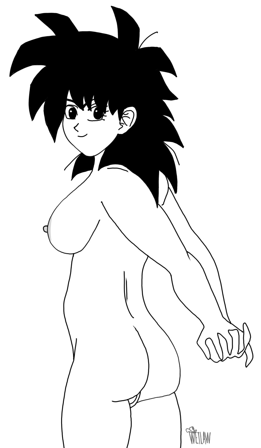 1girls areolae black_and_white curvy dark_hair dragon_ball dragon_ball_z female_solo gine human light_skin looking_at_viewer nude pussy self_upload sideboob sketch smiling smiling_at_viewer solo solo_female spiky_hair standing thick_legs thick_thighs thighs vagina watermark wetlaw