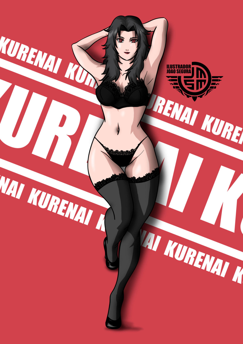 1girls armpits arms_behind_head arms_up black_hair bra breasts cleavage female female_only full_body heels high_heels joao_segura kurenai_yuhi lipstick long_hair makeup mature mature_female midriff milf naruto naruto_(series) naruto_shippuden panties raised_leg red_eyes solo solo_focus stockings underwear yuuhi_kurenai