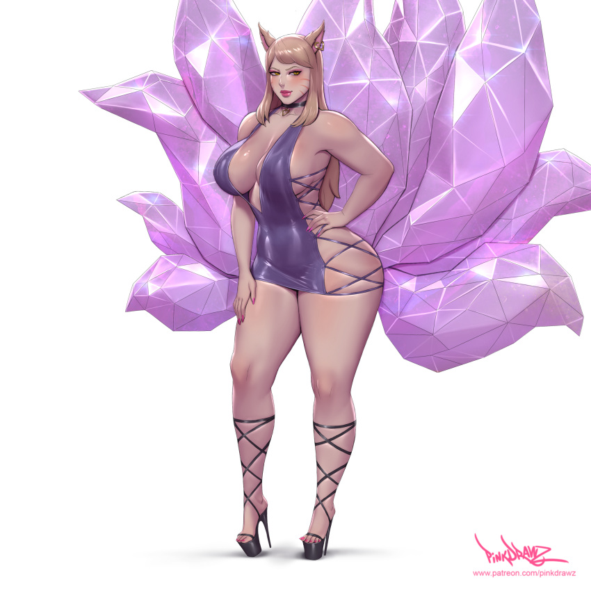 1girls ahri animal_ears blonde_female breasts cleavage clothing female female_only fully_clothed high_heels k/da_ahri k/da_series kemonomimi large_breasts league_of_legends pinkdrawz platform_heels revealing_clothes skin_tight skindentation slutty_outfit solo solo_female standing strappy_heels thick_thighs voluptuous wide_hips