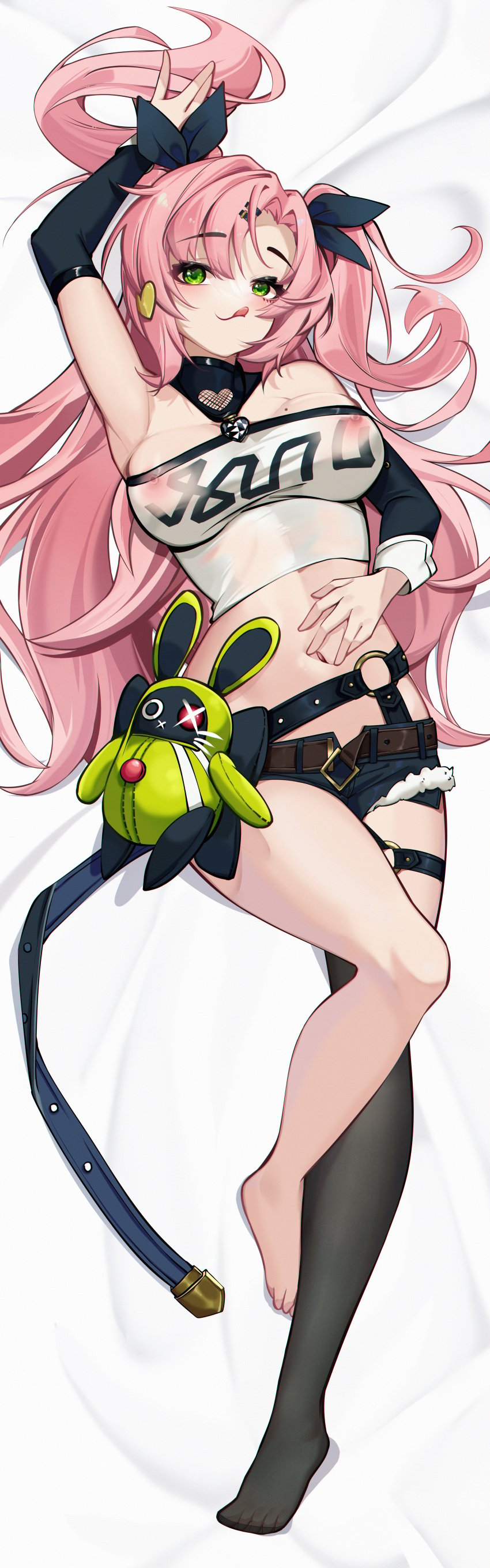 1girls :p bed belly_button big_breasts black_ribbon blush breasts busty dakimakura dakimakura_design female female_only green_eyes hair_clips hair_ribbon hair_ribbons hairclip hand_on_stomach long_hair lying_on_bed mole mole_on_breast navel nicole_demara nipples nipples_visible_through_clothing on_bed one_arm_up pink_hair ribbon ribbons see-through see-through_clothing see-through_top shorts single_thighhigh spreading_navel stomach suyujiu_u thick_thighs thighhighs top twintails zenless_zone_zero