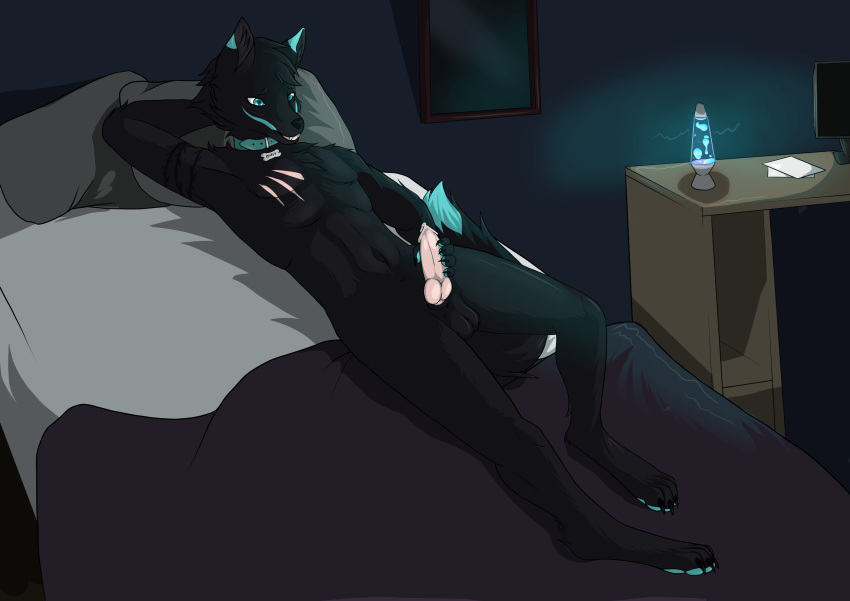 absurd_res anthro bed bedroom black_body black_fur blue_eyes bodily_fluids canid canine fox fur furniture genital_fluids hi_res lamp lava_lamp male male_focus male_only mammal masturbation precum sethraven4 solo