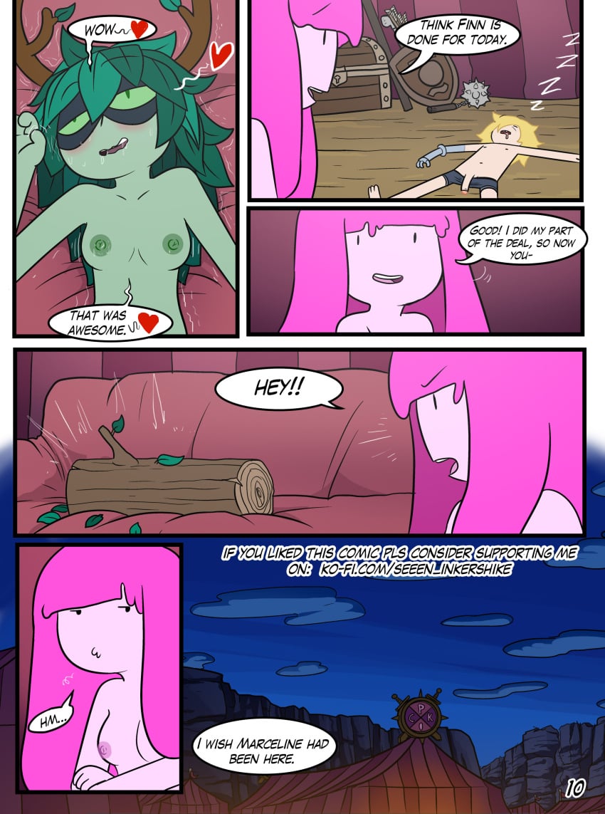 1boy 2girls adventure_time aunt_maire blonde_hair blonde_hair_male breasts comic coolerinker end_page english_text ffm_threesome finn_the_human green_hair huntress_wizard inker_comics inkershike ko-fi_username leaf_hair page_10 page_number pink_hair princess_bubblegum sleeping threesome