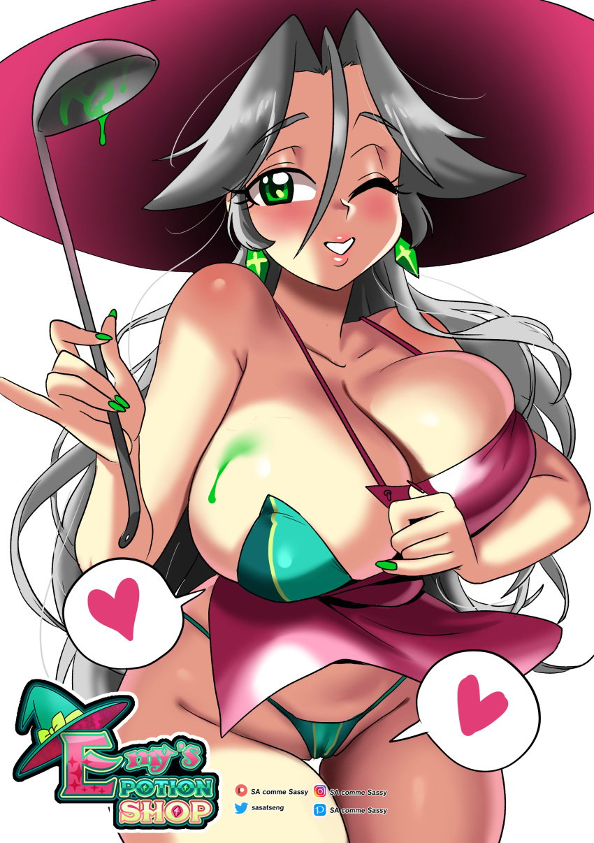 1girls apron big_breasts bikini blush busty earrings emy_(sasatseng) female female_only green_eyes grey_hair heart long_hair looking_at_viewer sasatseng smiling_at_viewer solo solo_female thigh_gap very_high_resolution wardrobe_malfunction wink winking_at_viewer witch witch_hat