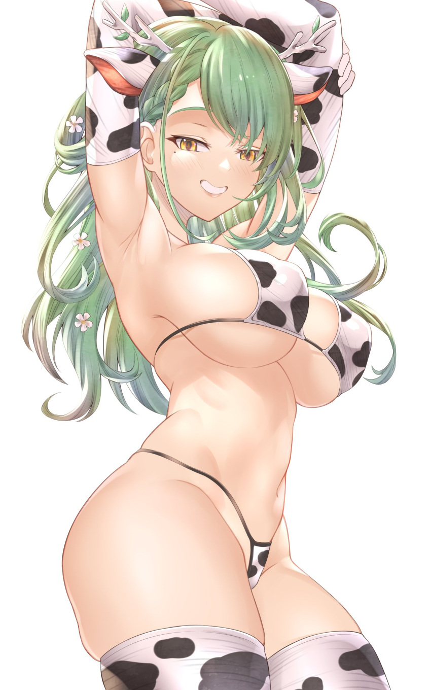 1girls arms_behind_head arms_up beauty_mark bikini bikini_bottom bikini_top ceres_fauna cow_bikini cow_ears cow_print flowers_in_hair green_hair hololive hololive_english hololive_english_-council- hololive_english_-promise- honkivampy horns leggings long_gloves nipple_bulge side_view single_braid smug square_bikini thighhighs virtual_youtuber white_background yellow_eyes