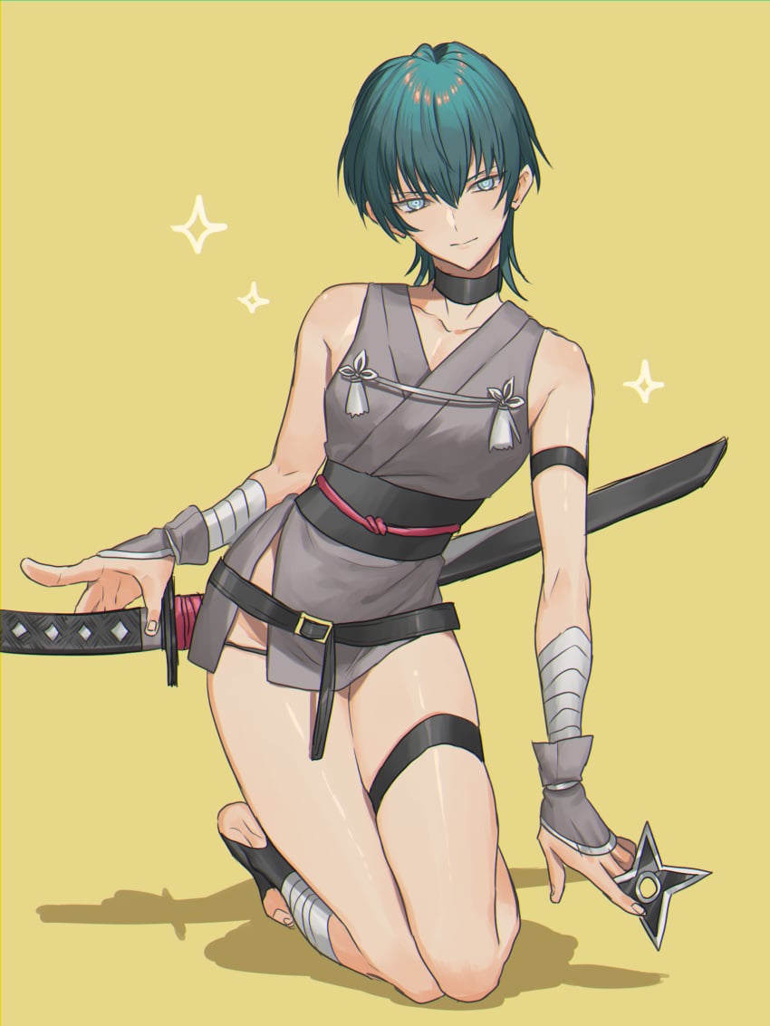 1boy androgynous byleth_(fire_emblem) byleth_(fire_emblem)_(male) crossdressing femboy fire_emblem fire_emblem:_three_houses katana kunoichi male male_only ninja nintendo nonesabu shuriken sword weapon