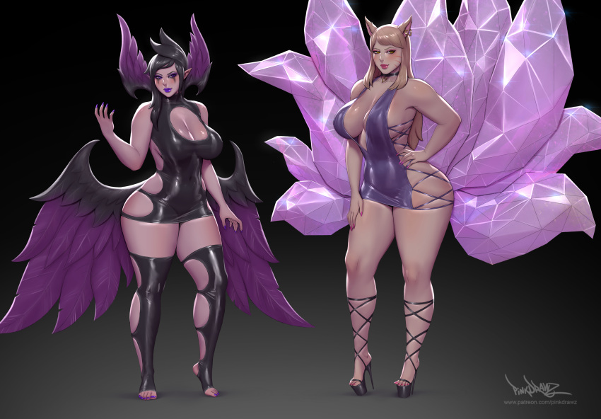 2girls ahri animal_ears blonde_female breasts cleavage clothing duo female female_only fully_clothed high_heels k/da_ahri k/da_series kemonomimi large_breasts league_of_legends morgana multiple_girls pinkdrawz platform_heels revealing_clothes skin_tight skindentation slutty_outfit standing strappy_heels thick_thighs voluptuous wide_hips