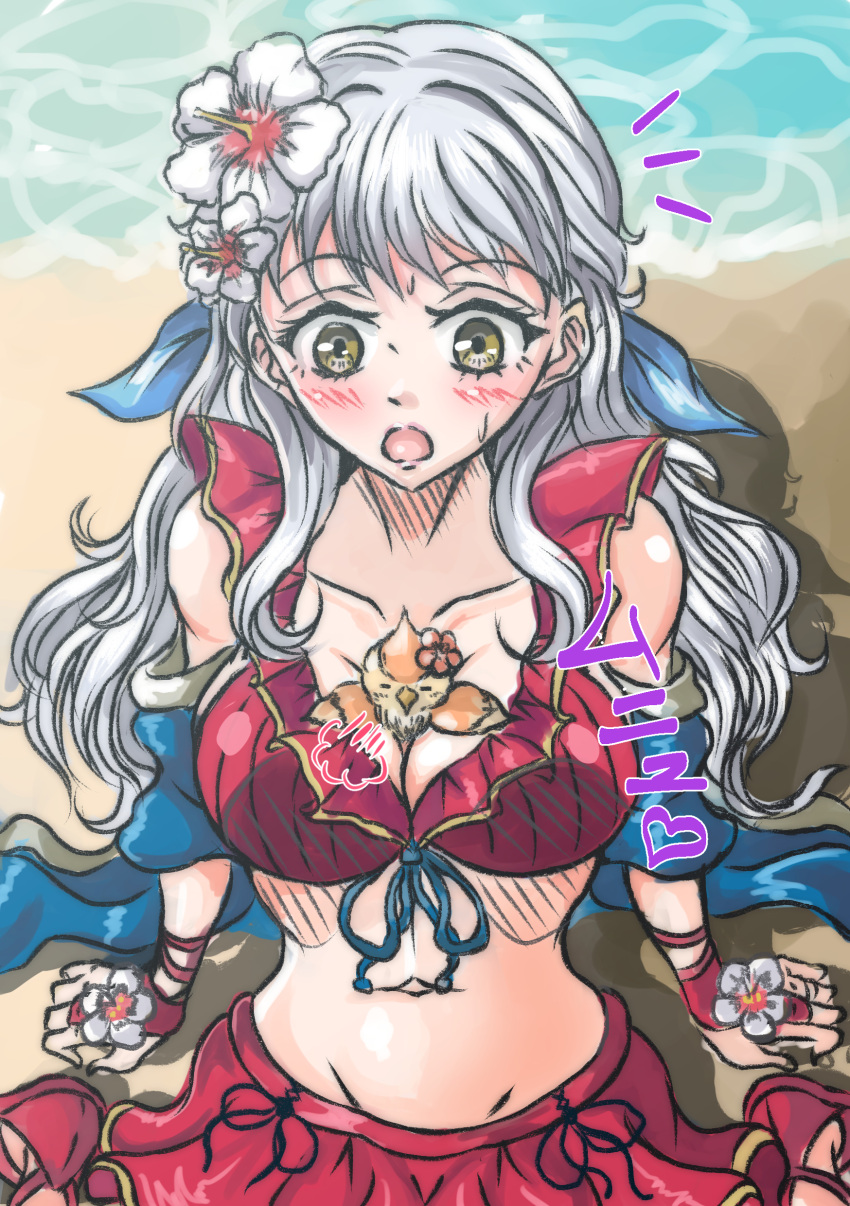 1girls alternate_costume bangs bare_midriff beach between_breasts bikini bikini_skirt bird blonde_female breasts cleavage collarbone female female_only fire_emblem fire_emblem:_radiant_dawn fire_emblem_heroes flower grey_hair hair_flower large_breasts long_hair micaiah_(fire_emblem) micaiah_(summer)_(fire_emblem) midriff nintendo ocean official_alternate_costume open_mouth outdoors red_bikini red_swimsuit sand sideboob silver_hair sitting swimsuit violet_migu18 water yellow_eyes yune_(fire_emblem)