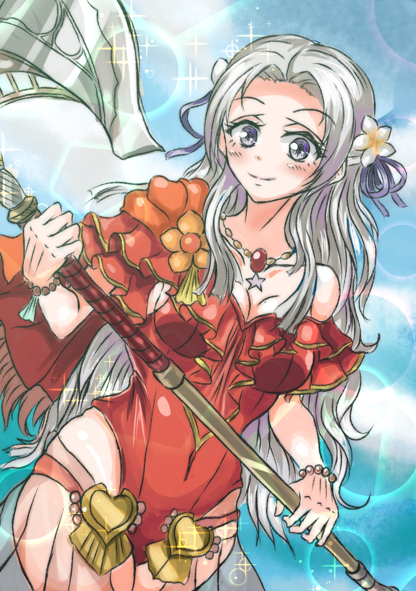 1girls alternate_costume axe bare_thighs blonde_female blue_hair breasts cleavage edelgard_von_hresvelg edelgard_von_hresvelg_(summer) female female_only fire_emblem fire_emblem:_three_houses fire_emblem_heroes grey_hair long_hair looking_at_viewer medium_breasts nintendo official_alternate_costume one-piece_swimsuit outdoors red_swimsuit smile solo swimsuit thighs very_long_hair violet_migu18 weapon