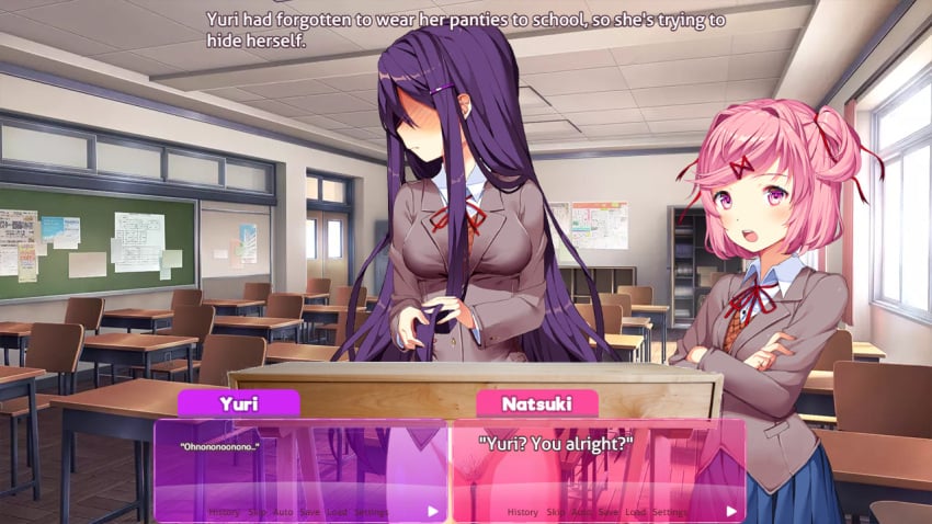 2girls blush classroom ddlc_text_box desk desks doki_doki_literature_club door duo duo_focus english_text female female/female female_only multiple_girls natsuki_(doki_doki_literature_club) no_panties no_skirt open_mouth pink_eyes pink_hair pubic_hair purple_hair purple_pubic_hair school_uniform text text_box uniform windows yuri_(doki_doki_literature_club)