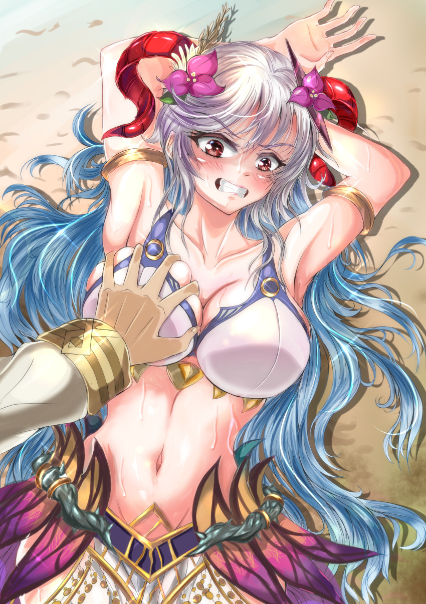 1girls 1other alternate_costume angry armpits arms_behind_head arms_up bare_midriff beach bikini blonde_female blue_hair breast_grab breast_squeeze breasts cleavage clenched_teeth duo fire_emblem fire_emblem_heroes freyja_(fire_emblem) freyja_(summer)_(fire_emblem) grey_hair groping horns kiran_(fire_emblem) large_breasts long_hair looking_down midriff nintendo ocean official_alternate_costume on_back outdoors pelvic_curtain pov questionable_consent red_eyes sand sweat swimsuit very_long_hair violet_migu18 water white_bikini white_swimsuit x-ray