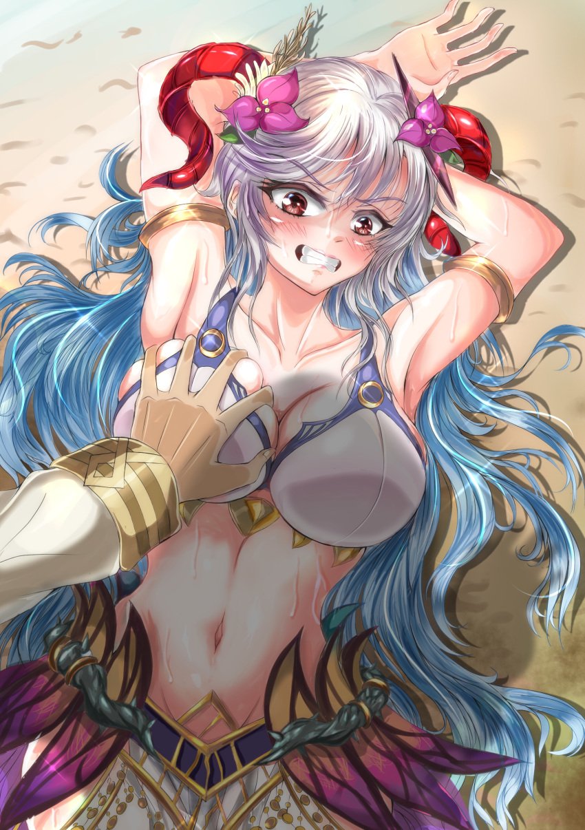 1girls 1other alternate_costume angry armpits arms_behind_head arms_up bare_midriff beach bikini blonde_female blue_hair breast_grab breast_squeeze breasts cleavage clenched_teeth duo female_focus fire_emblem fire_emblem_heroes freyja_(fire_emblem) freyja_(summer)_(fire_emblem) grey_hair groping horns kiran_(fire_emblem) large_breasts long_hair looking_down midriff nintendo ocean official_alternate_costume on_back outdoors pelvic_curtain pov questionable_consent red_eyes sand sweat swimsuit very_long_hair violet_migu18 water white_bikini white_swimsuit x-ray