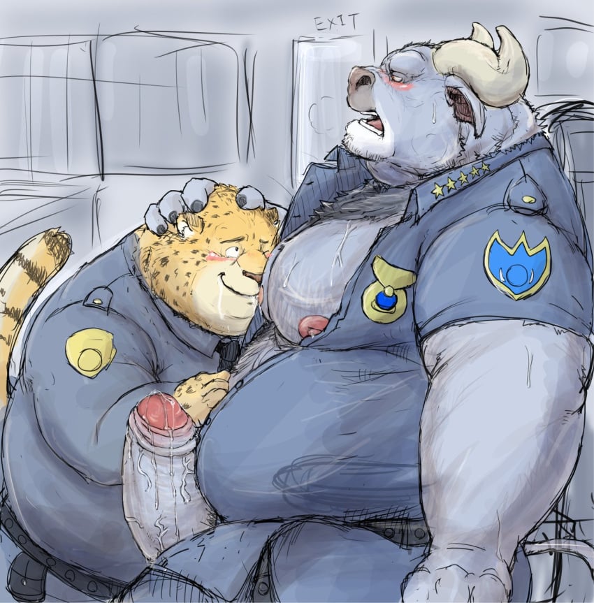 anthro anthro_on_anthro benjamin_clawhauser big_penis blush bodily_fluids bottomwear bovid bovine breastfeeding cape_buffalo cheetah chief_bogo clothed clothing disney duo edit erection felid feline foreskin fully_clothed genital_fluids genitals hi_res horn humanoid_genitalia humanoid_penis kotobuki lactating male male/male male_lactation male_only mammal nipple_fetish nipple_play nipple_suck nipples obese obese_male open_bottomwear open_clothing open_pants open_shirt open_topwear overweight overweight_male pants partially_retracted_foreskin penis precum shirt sucking topwear uncensored vein veiny_penis yaoi zootopia