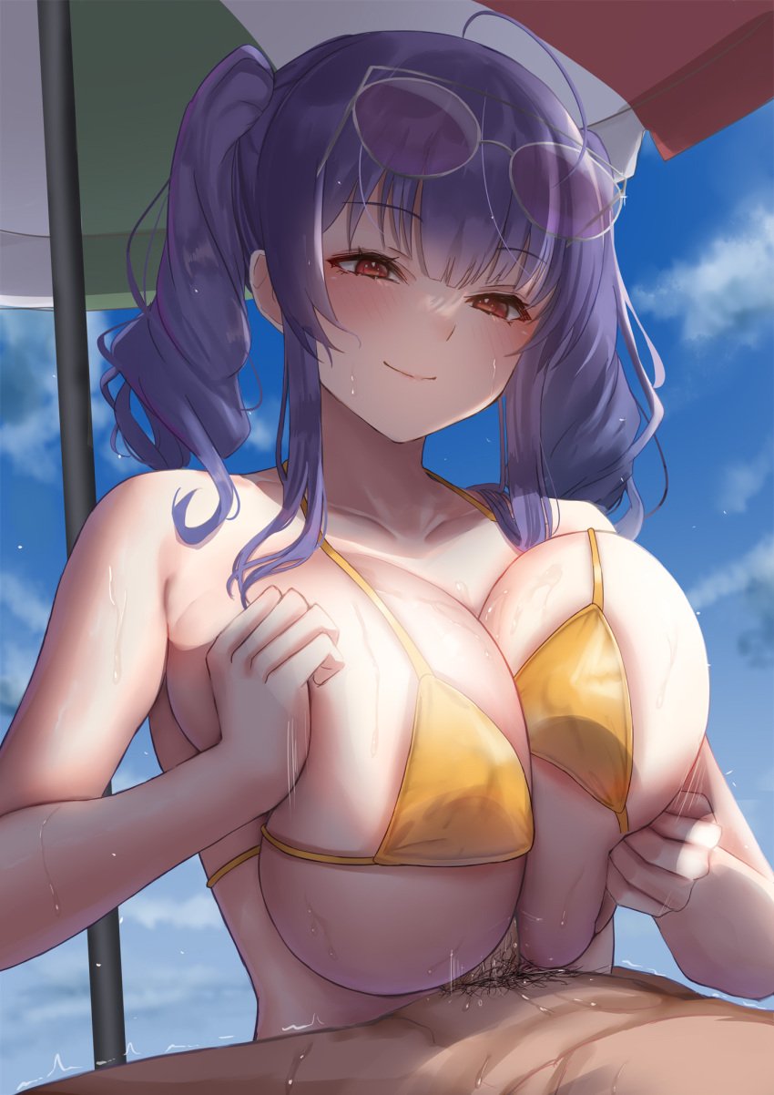 1boy 1girls 2022 ahoge aroused azur_lane beach bikini blue_hair breasts deep_skin female female_focus happy_sex huge_breasts large_breasts large_penis light-skinned_female long_hair looking_at_viewer looking_pleasured male outdoors paizuri paizuri_lead_by_female penis pola_(azur_lane) pola_(seaside_coincidence)_(azur_lane) red_eyes satou_aji skindentation slim_waist smile straight sunglasses sunglasses_on_head titjob twintails yellow_bikini