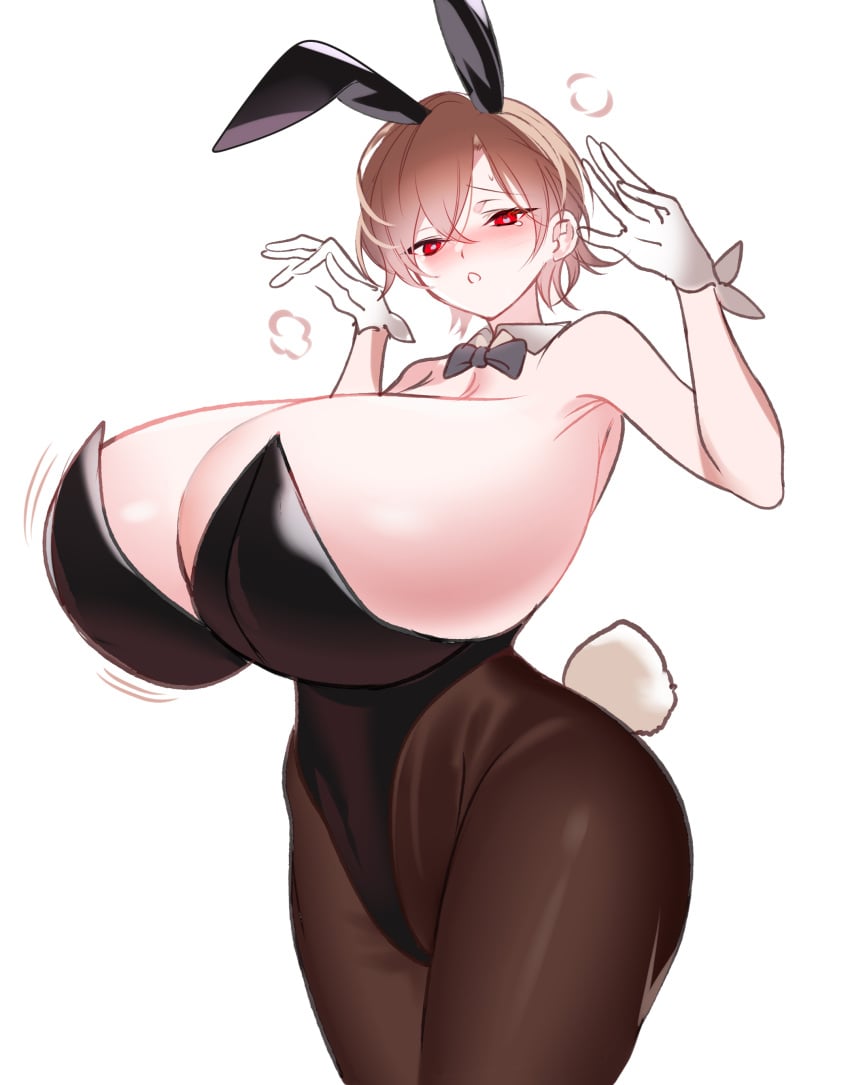 1girls armpits big_breasts blush blushing breasts brown_hair bunny_costume bunny_ears bunny_girl bunny_tail bunnysuit busty child_bearing_hips female female_only gigantic_breasts gloves hips huge_breasts kurokuroooi large_breasts rabbit_ears red_eyes thick thick_thighs thighs thin thin_waist white_background white_gloves wide_hips