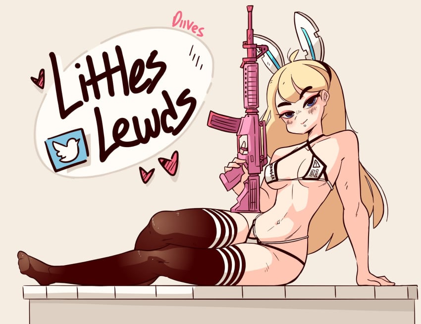 1girls areolae bikini black_legwear blonde_female blonde_hair blue_eyes blush breasts cosplayer diives female female_only gun hi_res leaning_on_hand legwear littlespoonz long_hair looking_at_viewer narrowed_eyes nipples nude nude_female real_person rifle sitting sitting_on_side smiling smiling_at_viewer solo solo_female