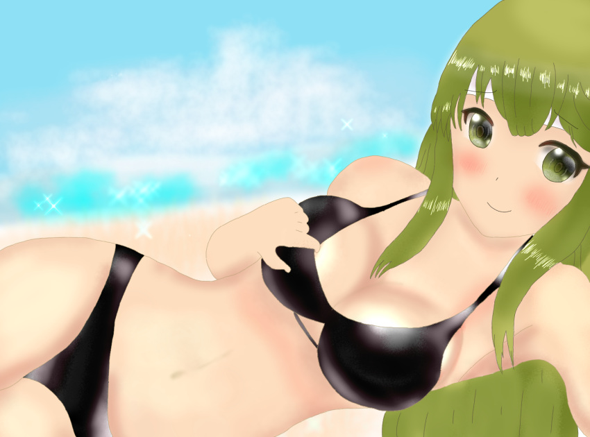 1girls alternate_costume baningu_bureivu bare_thighs beach bikini black_bikini black_swimsuit breasts cleavage female female_only fire_emblem fire_emblem:_mystery_of_the_emblem fire_emblem:_shadow_dragon_and_the_blade_of_light green_hair large_breasts long_hair looking_at_viewer nintendo ocean on_side outdoors palla_(fire_emblem) pulling smile solo swimsuit teasing thighs